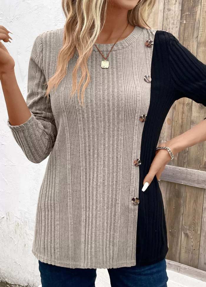 Color Block Ribbed Knit Decor Button T-Shirt