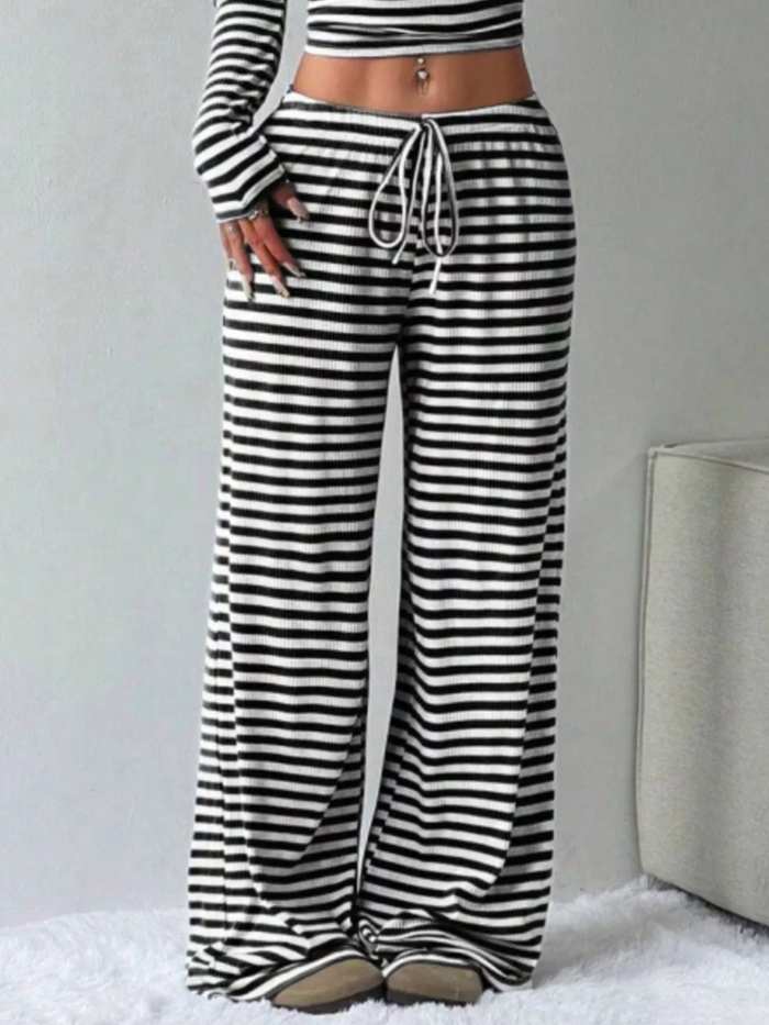Striped Long Sleeve Crop Top and Wide Leg Pants Set