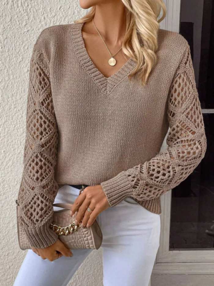 V-Neck Crochet Sleeve Sweater