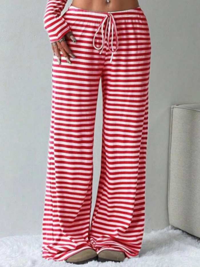 Striped Long Sleeve Crop Top and Wide Leg Pants Set