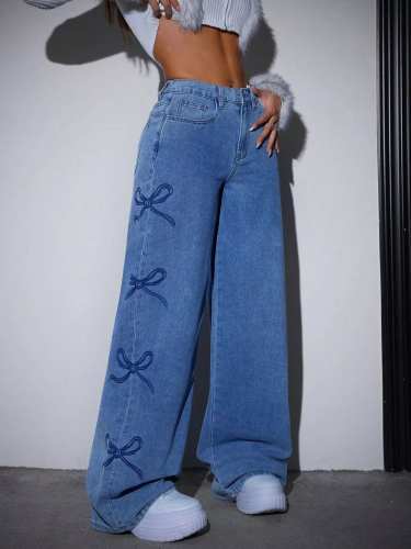 Bow-Embellished Wide Leg Jeans