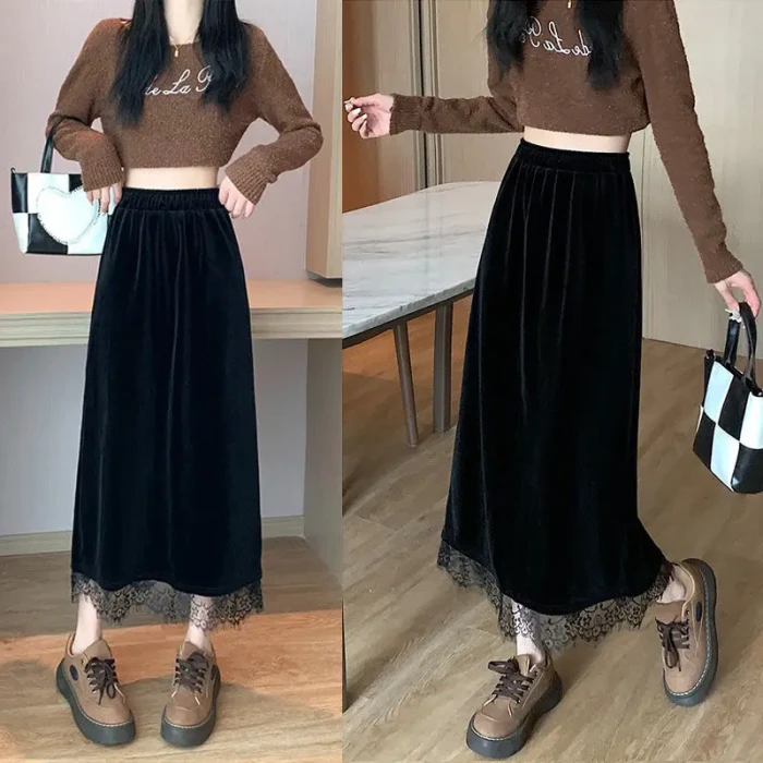 Velvet Vintage Lace Patchwork Skirts Female Clothing A-Line Elastic Autumn Winter Solid Color Basic Fashion Split Midi Skirts