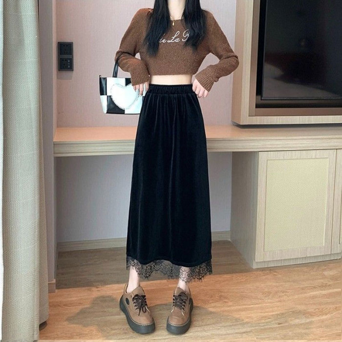 Velvet Vintage Lace Patchwork Skirts Female Clothing A-Line Elastic Autumn Winter Solid Color Basic Fashion Split Midi Skirts