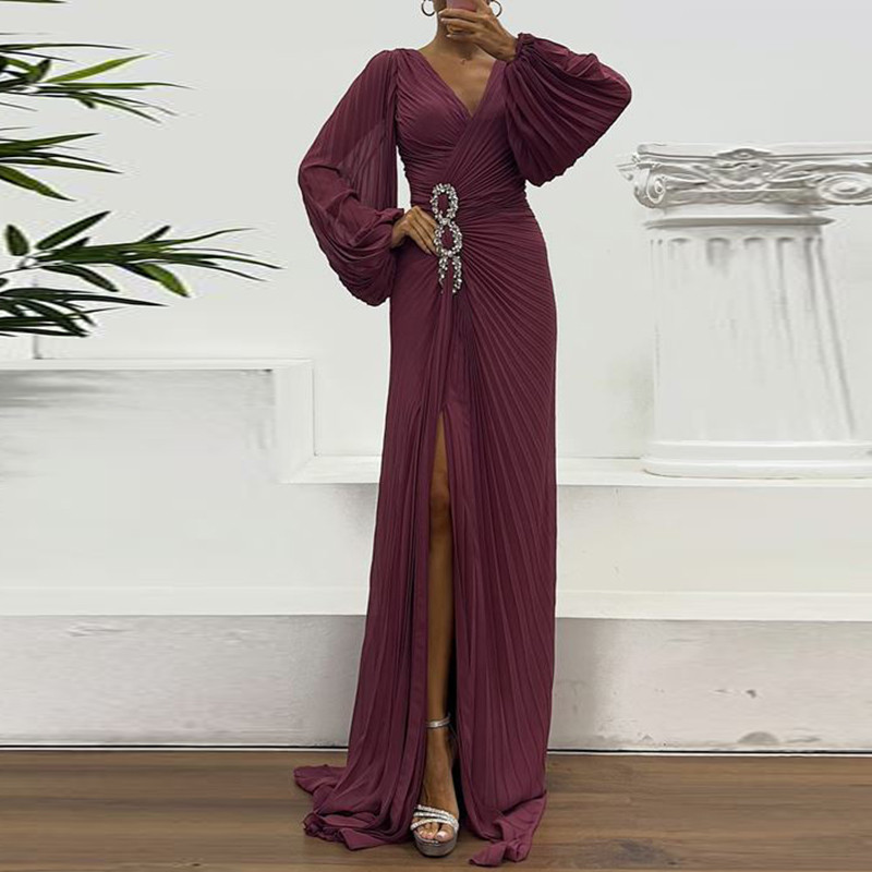 V-neck High Split Pleated Evening Dress Luxury Elegant Long Sleeve Banquet Dress Temperament Solid Simple Women's Party Dresses