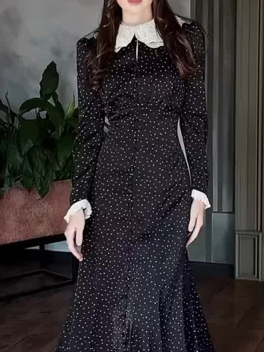 Vintage Peter Pan Collar Polka Dot Print Dress Elegant Long Sleeve Slim Lace Up Evening Dress Temperament High Waist Pleat Dress