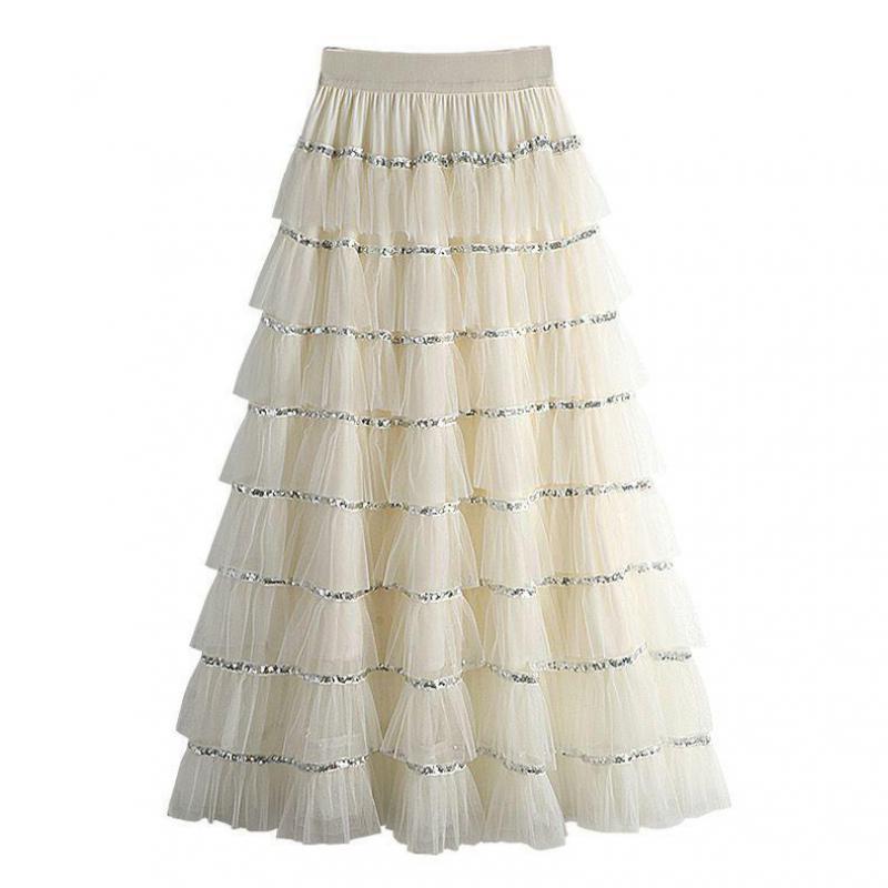 Heavy Industry Sequin Stitching Mesh Cake Skirt Women Spring Summer New Sweet High Waist Slimming Mid-length Skirts
