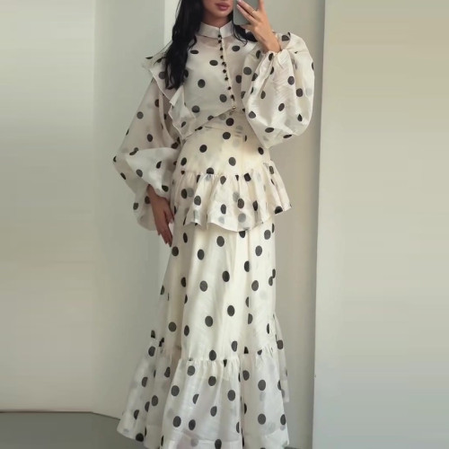Casual Polka Dot Printed Ruffles Evening Dress Temperament Long Sleeve Slim Cake Dress Lady High Waist O-neck Lace Up Maxi Dress