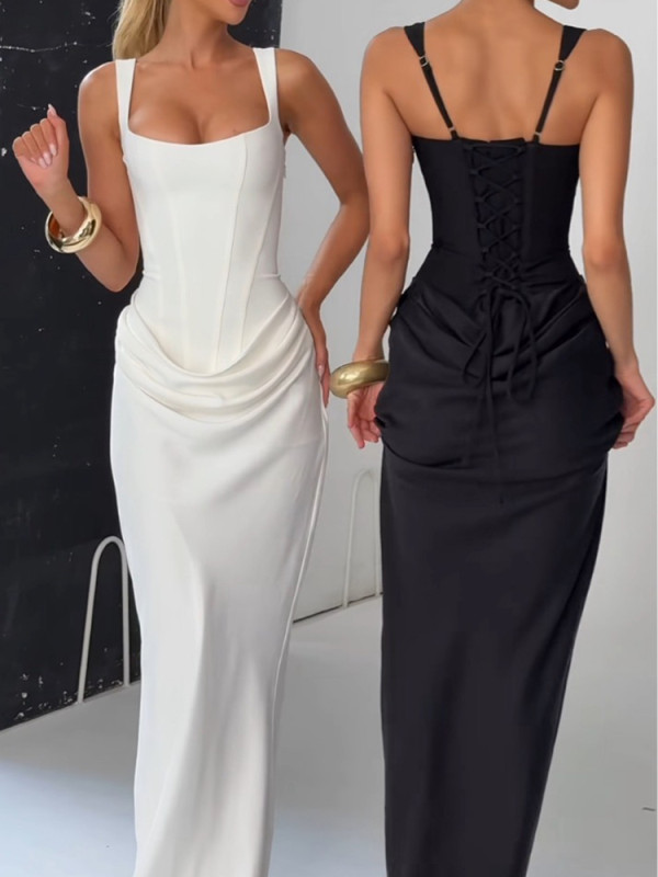 Sexy Solid Fit Halter Evening Dress Elegant Hollow Out Fishbone Nipped Waist Bodycon Dress Temperament High Waist Wrap Hip Dress