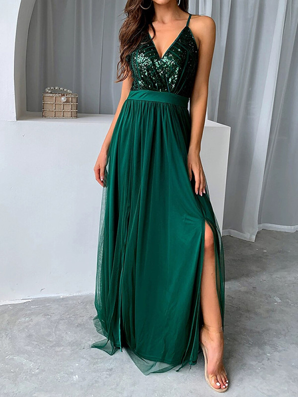 Elegant Hollow Out Dress Sexy Sequins Backless Mesh Pleated Evening Dress Temperament High Waist Spliced Sleeveless Halter Dress