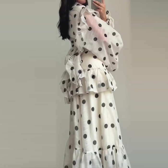 Casual Polka Dot Printed Ruffles Evening Dress Temperament Long Sleeve Slim Cake Dress Lady High Waist O-neck Lace Up Maxi Dress