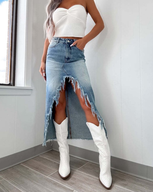High Waist Irregular Burr Denim Skirt for Women Polyester Fabric Suitable Skirt