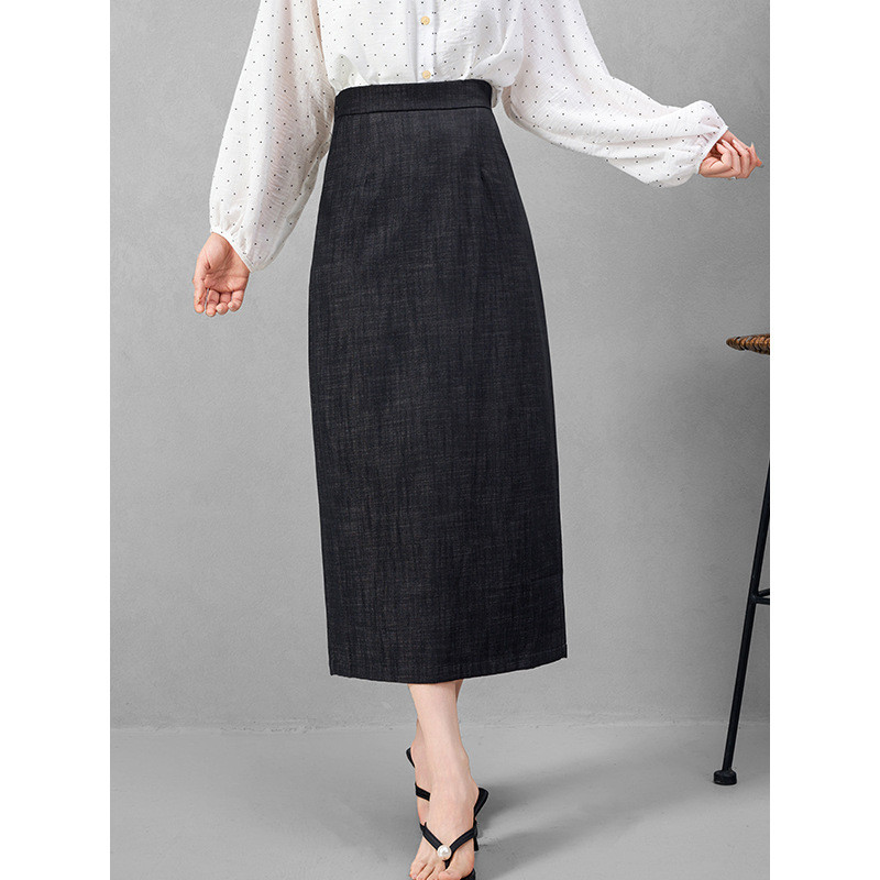 Slimming A- Line Midi Skirt Long Cotton Blend Women's Business Casual Black Elegant Commuting Skirt Cloud Long