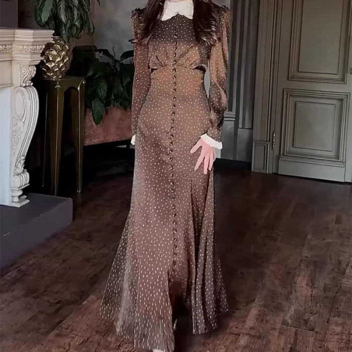 Vintage Peter Pan Collar Polka Dot Print Dress Elegant Long Sleeve Slim Lace Up Evening Dress Temperament High Waist Pleat Dress