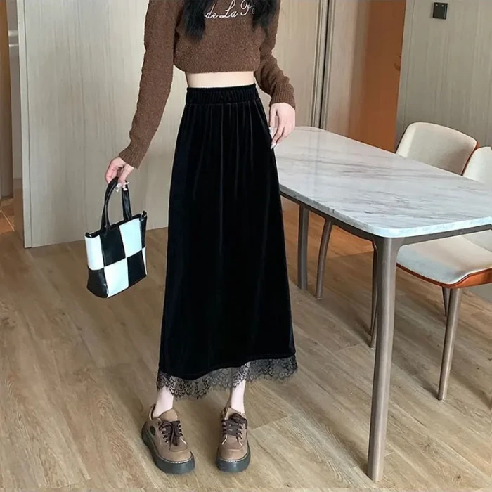 Velvet Vintage Lace Patchwork Skirts Female Clothing A-Line Elastic Autumn Winter Solid Color Basic Fashion Split Midi Skirts