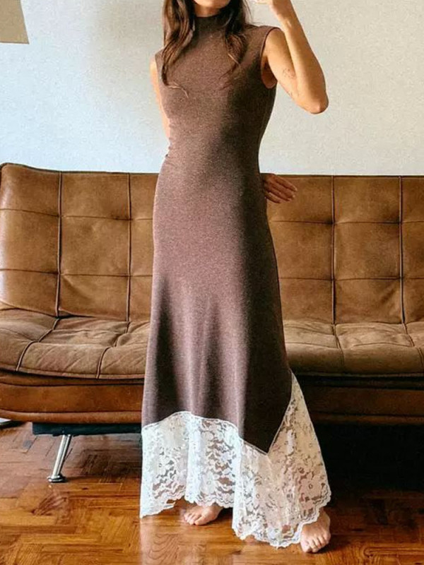 Fashion Casual Lace Spliced Knit Halter Dress Sexy O-neck Sleeveless Slim Commute Maxi Dress Lady Elegant Hollow Banquet Dresses