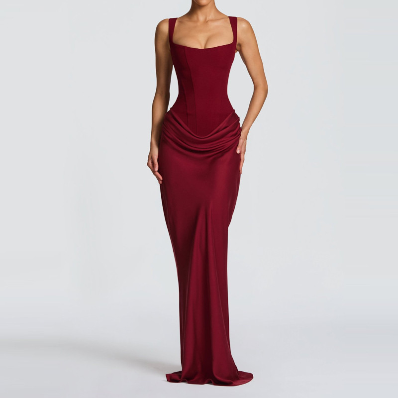 Sexy Solid Fit Halter Evening Dress Elegant Hollow Out Fishbone Nipped Waist Bodycon Dress Temperament High Waist Wrap Hip Dress