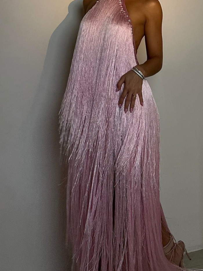 Luxury Elegant Lady Swing Banquet Dress Sexy Backless Tassel Halter Evening Dress Fashion Pink Sleeveless Hollow Out Party Dress