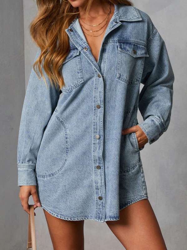 All Match Casual Long Sleeve Denim Coat Trendy Laple Pure Color Single Breasted Jacket Lady Simple Pocket Commute Autumn Outwear