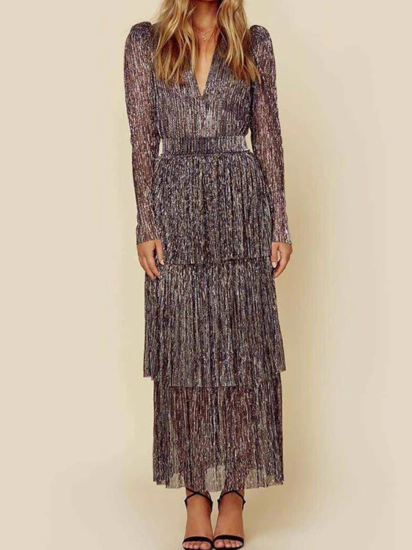 Sexy V-neck Glitter Pleated Evening Dress Temperament Luxury Long Sleeve Cake Dress Elegant Lady Irregular Party Maxi Dresses