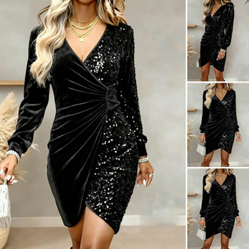 Autumn Winter New Velvet Spliced Sequins Mini Dress Fashion V-neck Glitter Wrap Hips Dress Temperament Long Sleeve Slim Dresses