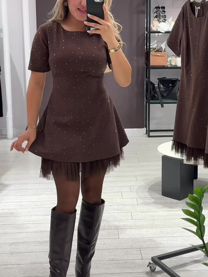 Vintage O-neck Rhinestone Lace Hem Short Dress Elegant O-neck High Waist A-line Dress Casual Short Sleeve Pleat Party Mini Dress