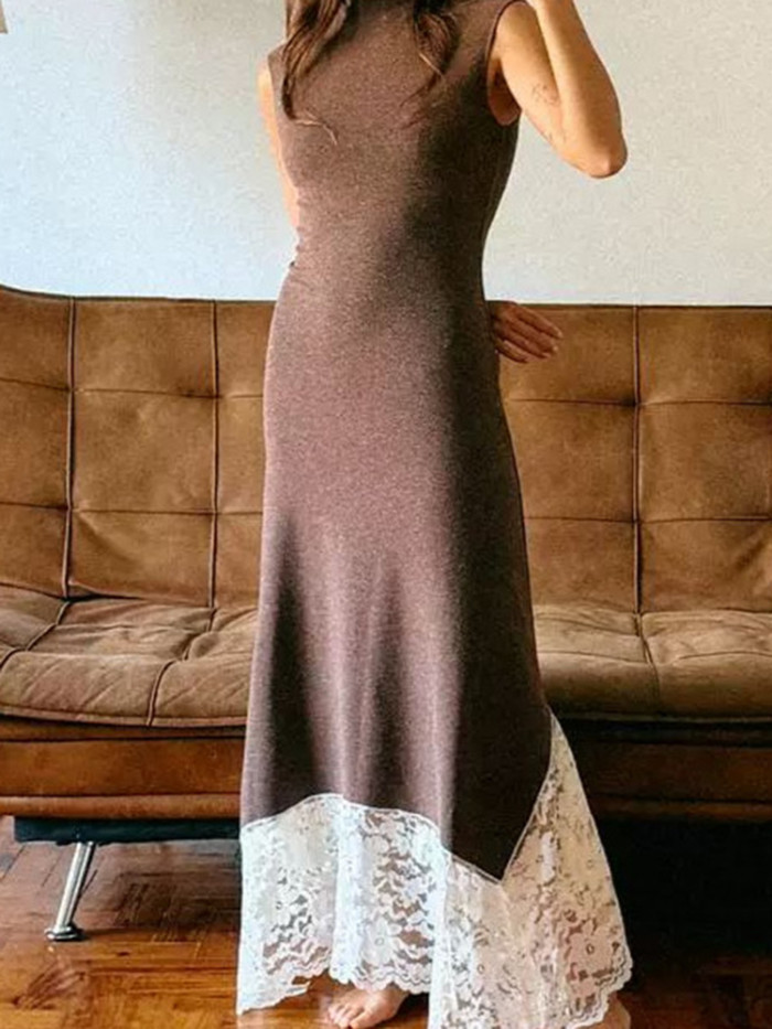Fashion Casual Lace Spliced Knit Halter Dress Sexy O-neck Sleeveless Slim Commute Maxi Dress Lady Elegant Hollow Banquet Dresses