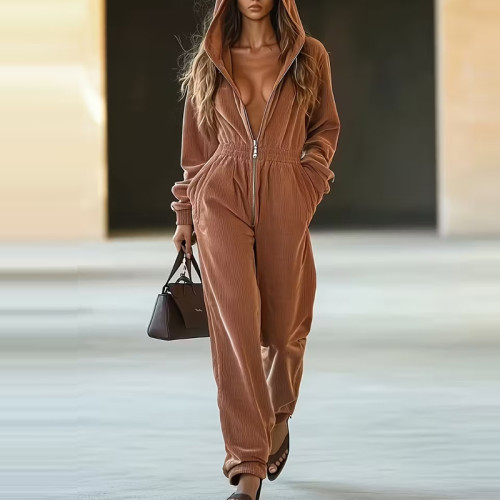 Vintage Solid Color High Waist Jumpsuits Leisure Hoodies Loose Pocket Playsuits Overalls Elegant Women's Zipper Nipped Rompers