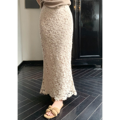 Heavy Industry Hollow Lace Fish Tail Half Skirt Women's Autumn Winter French Gentle Long Half Skirt Elegance