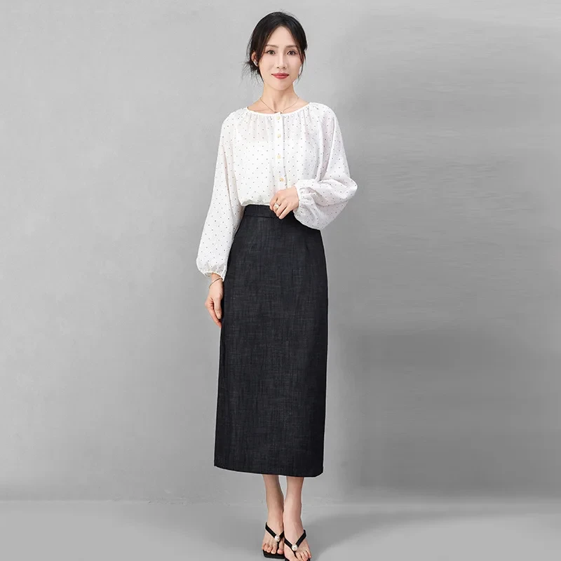 Slimming A- Line Midi Skirt Long Cotton Blend Women's Business Casual Black Elegant Commuting Skirt Cloud Long