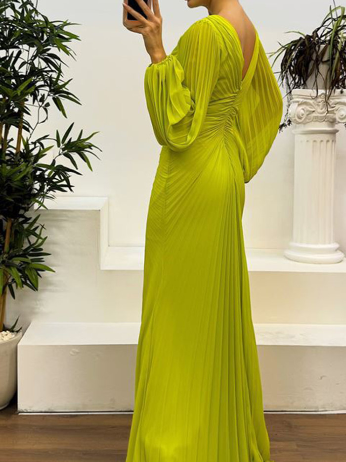 V-neck High Split Pleated Evening Dress Luxury Elegant Long Sleeve Banquet Dress Temperament Solid Simple Women's Party Dresses