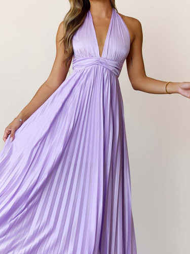 Sexy Backless High Waist Halter Ruched Dress Elegant Sleeveless Solid Slim Banquet Dress Fashion Ladies Lace Up Evening Dresses