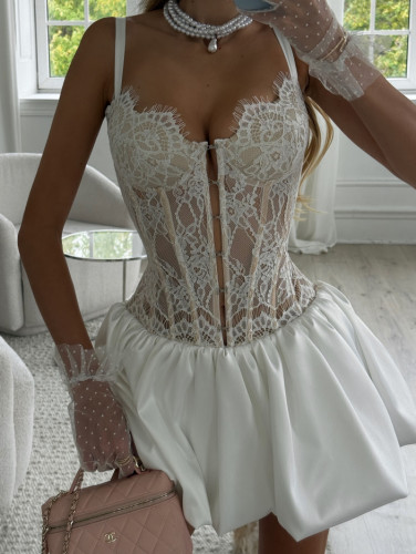 Lace See-through Princess Dress Sexy Halter Sleeveless Hollow Out Cocktail Dress New Lady Solid Spliced ,Mini Dress