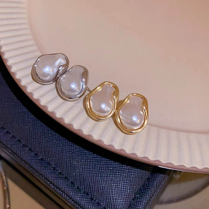 Elegent Geometric Irregular Round Metal Pearl Earrings for Women Minimalist Style Personality Earrings Jewelry Gift