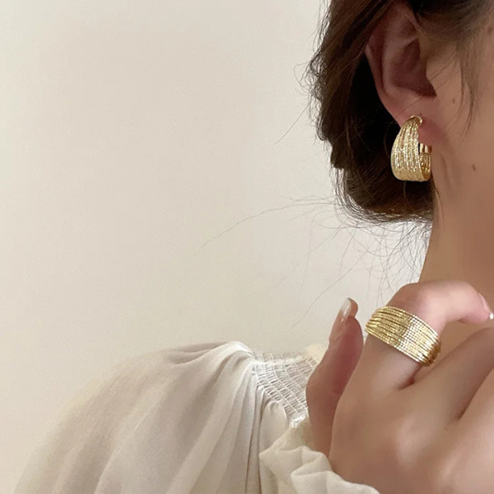 2024 New Trendy Statement Multi Layers Metallic Earrings and Rings for Women Personality New Open Ring Handmade Party Jewelry
