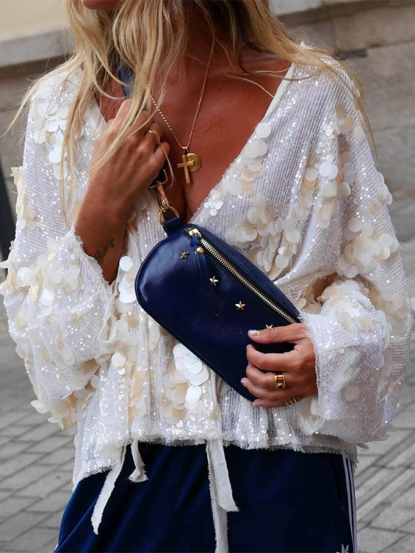 Autumn New Long Sleeve Loose Commute Tops Elegant Women Glitter Simple Party Clothing Fashion V-neck Sequins Lace Up Cardigans