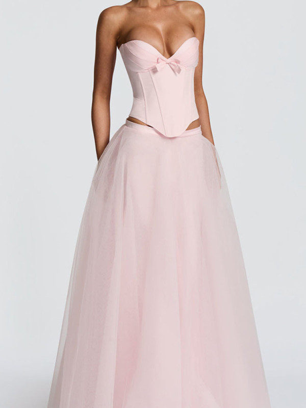 Elegant Lady Solid Color Wedding Party Two Piece Sets Temperament Women's Outfit Sexy Tube Top Bandage Slim Tops&Mesh Skirts Set