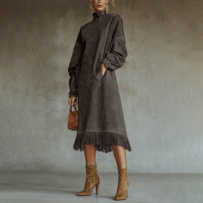 Women High Waist Pocket Tassel Hem Dress Vintage Imitates Suede Solid Color Commute Dress Elegant High Collar Loose A-line Dress