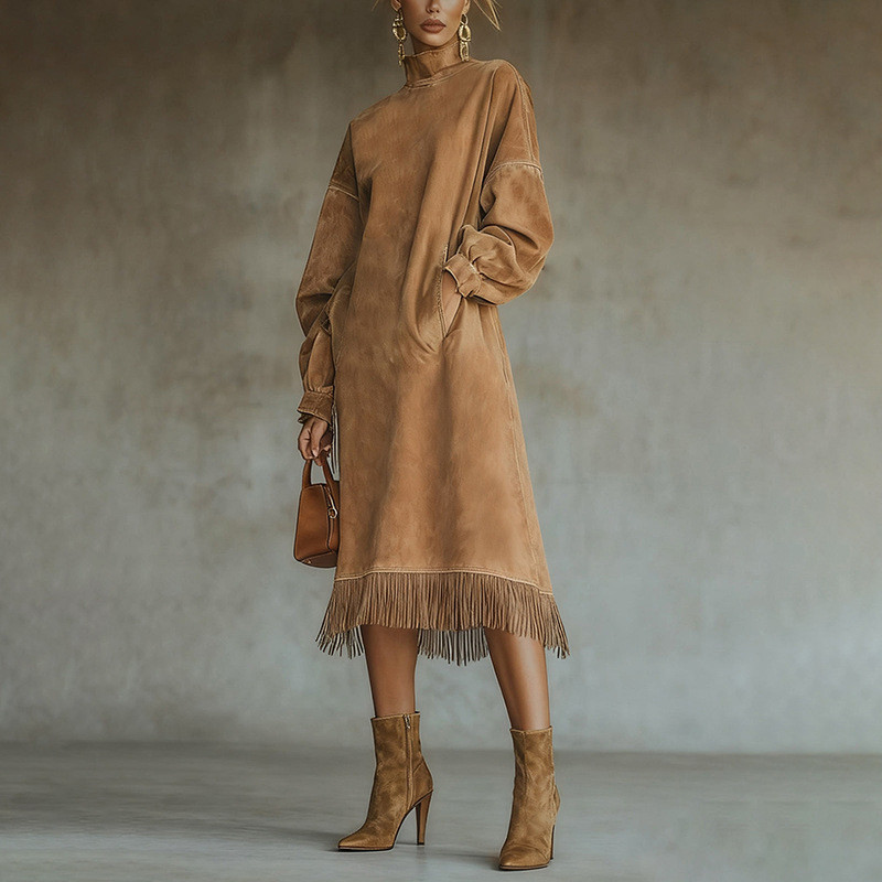Women High Waist Pocket Tassel Hem Dress Vintage Imitates Suede Solid Color Commute Dress Elegant High Collar Loose A-line Dress