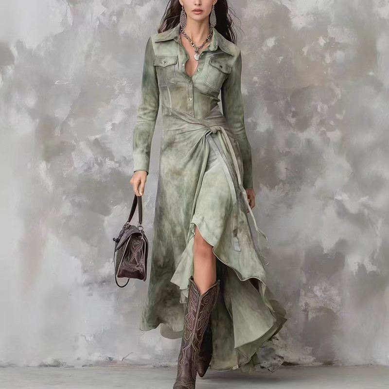 Elegant Lapel Long Sleeve High Waist Dress Temperament Slim Lace Up Commute Dresses Casual Vintage Printed Irregular Long Dress