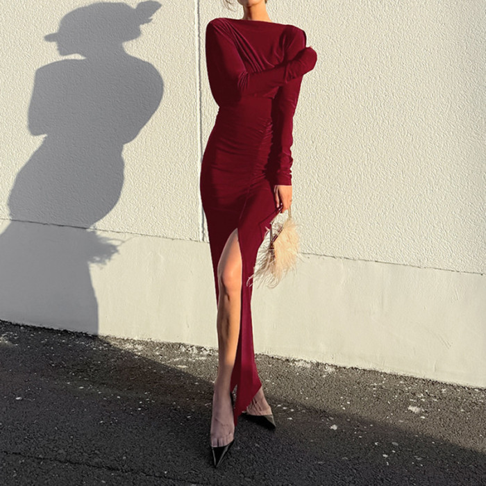Autumn New Pleated O-neck Party Maxi Dresses Sexy Backless Solid Slim Banquet Dress Lady Elegant Long Sleeve Split Evening Dress