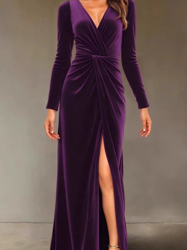 Sexy Solid Color Pleated A-line Dresses Velvet Dress for Women Autumn Winter New V-neck Slim Twist High Waist Evening Dress