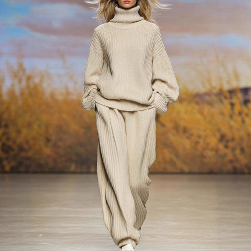 Elegant Warm Solid Commute Sweater Sets Lady Autumn Winter New Two Piece Fashion Solid Color Knitted Pullovers&Pocket Pants Sets