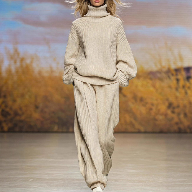 Elegant Warm Solid Commute Sweater Sets Lady Autumn Winter New Two Piece Fashion Solid Color Knitted Pullovers&Pocket Pants Sets