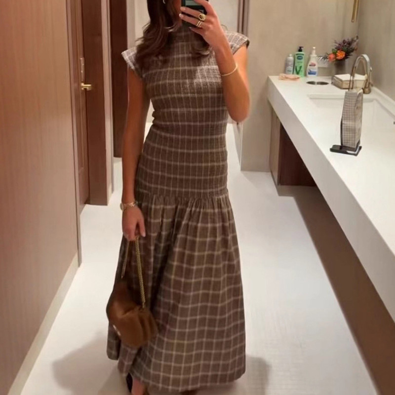 Elegant O-neck Women Short Sleeve Party Dress Temperament High Waist Pleated Maxi Dress Vintage Grid Printed Slim Big Hem Dress