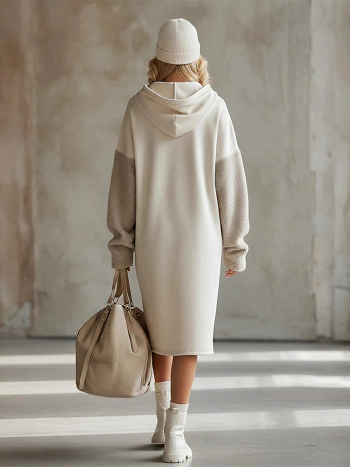 Fashion Long Sleeve Hoodies Dress Elegant Pocket Lady Casual Homewear Dress 2025 Autumn Winter New Patchwork Coral Fleece Dress