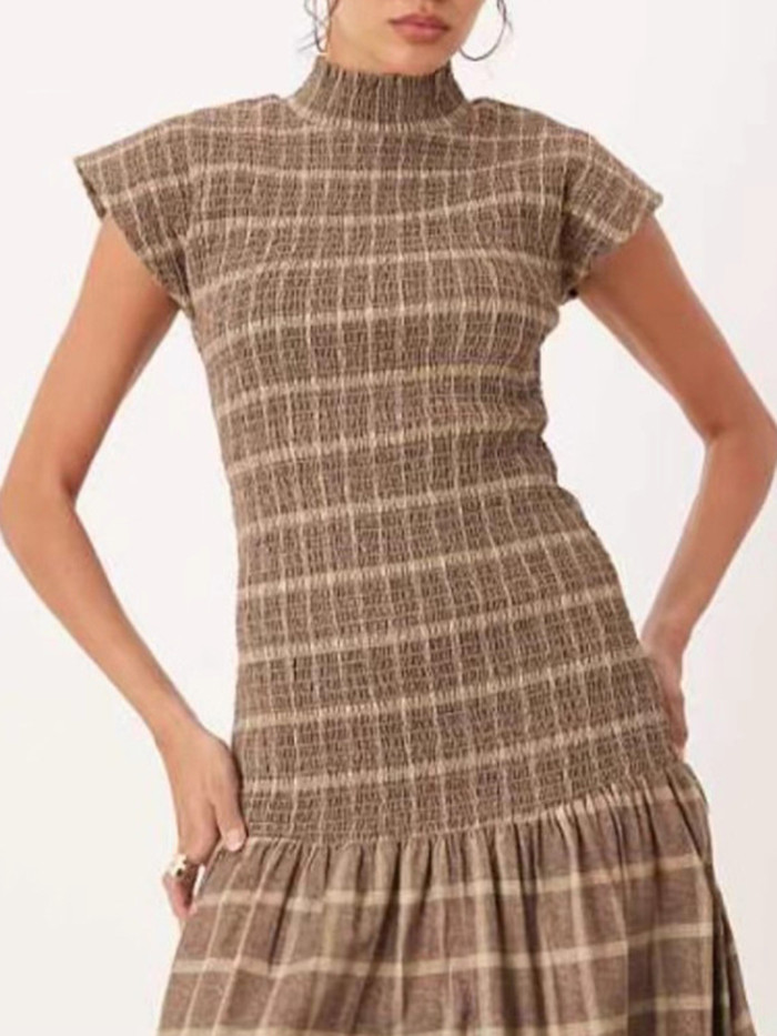 Elegant O-neck Women Short Sleeve Party Dress Temperament High Waist Pleated Maxi Dress Vintage Grid Printed Slim Big Hem Dress