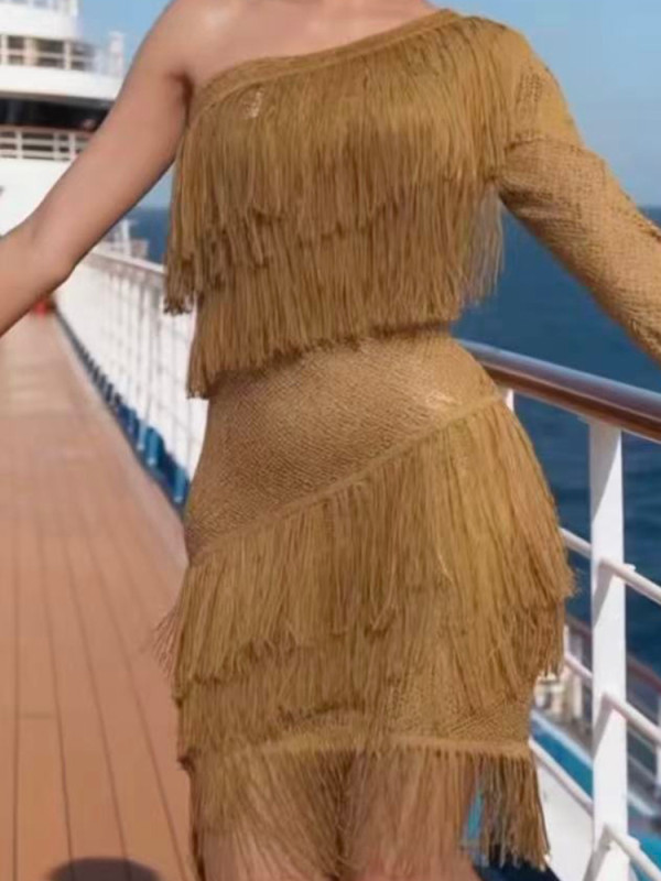 Sexy Slash Collar Hollow Out Tassel Mini Dress Temperament High Waist Beach Party Short Dress Lady Solid Elegant Pleated Dresses