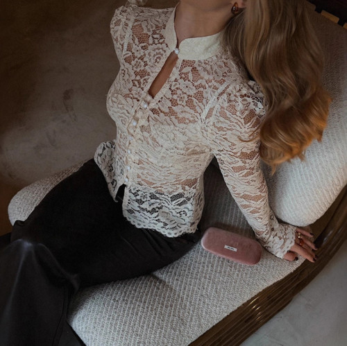 Fashion Skinny Long Sleeve See-through Blouse Elegant Solid Banquet Short Shirts For Women French Style Lace Button Hollow Tops