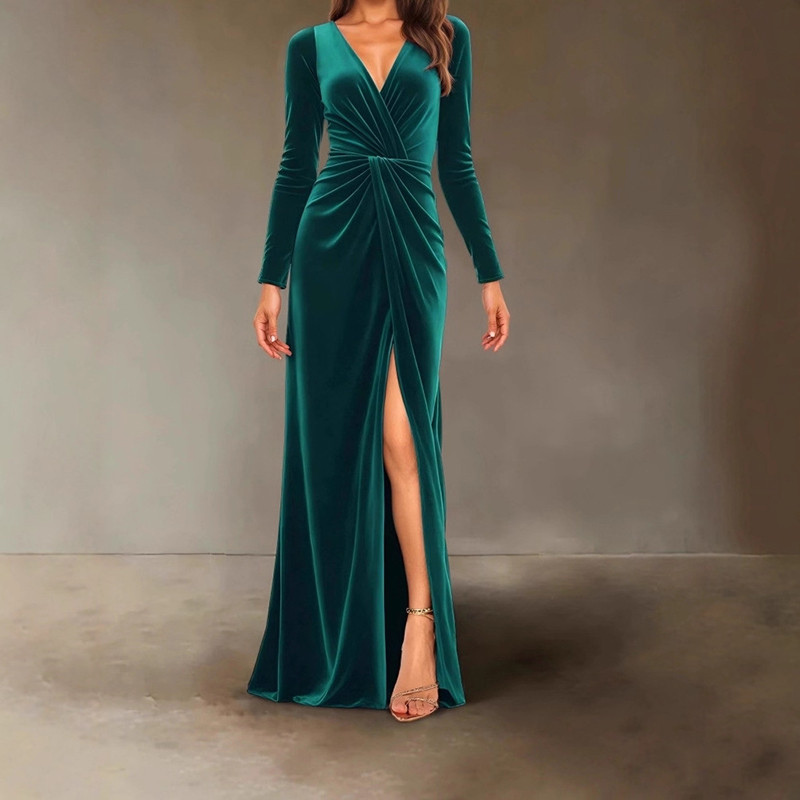 Sexy Solid Color Pleated A-line Dresses Velvet Dress for Women Autumn Winter New V-neck Slim Twist High Waist Evening Dress