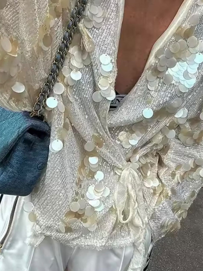 Autumn New Long Sleeve Loose Commute Tops Elegant Women Glitter Simple Party Clothing Fashion V-neck Sequins Lace Up Cardigans